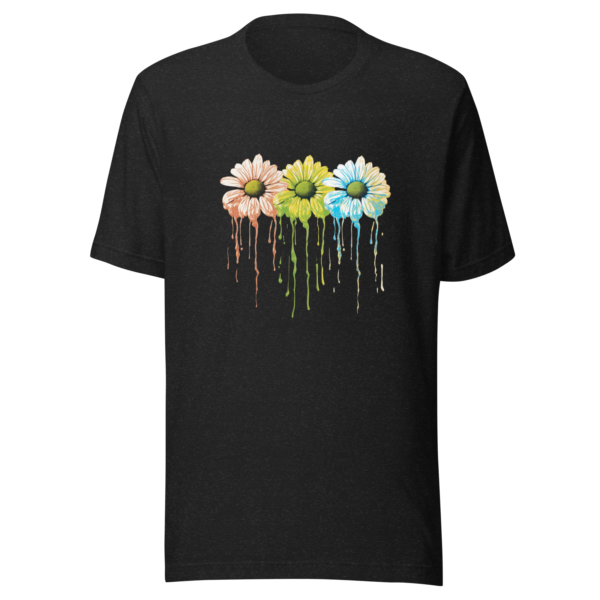 Black 3 Daisy T-Shirt Dripping Paint Red Yellow Blue