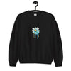 Black Crewneck sweatshirt with Daisy dripping blue green and yellow paint