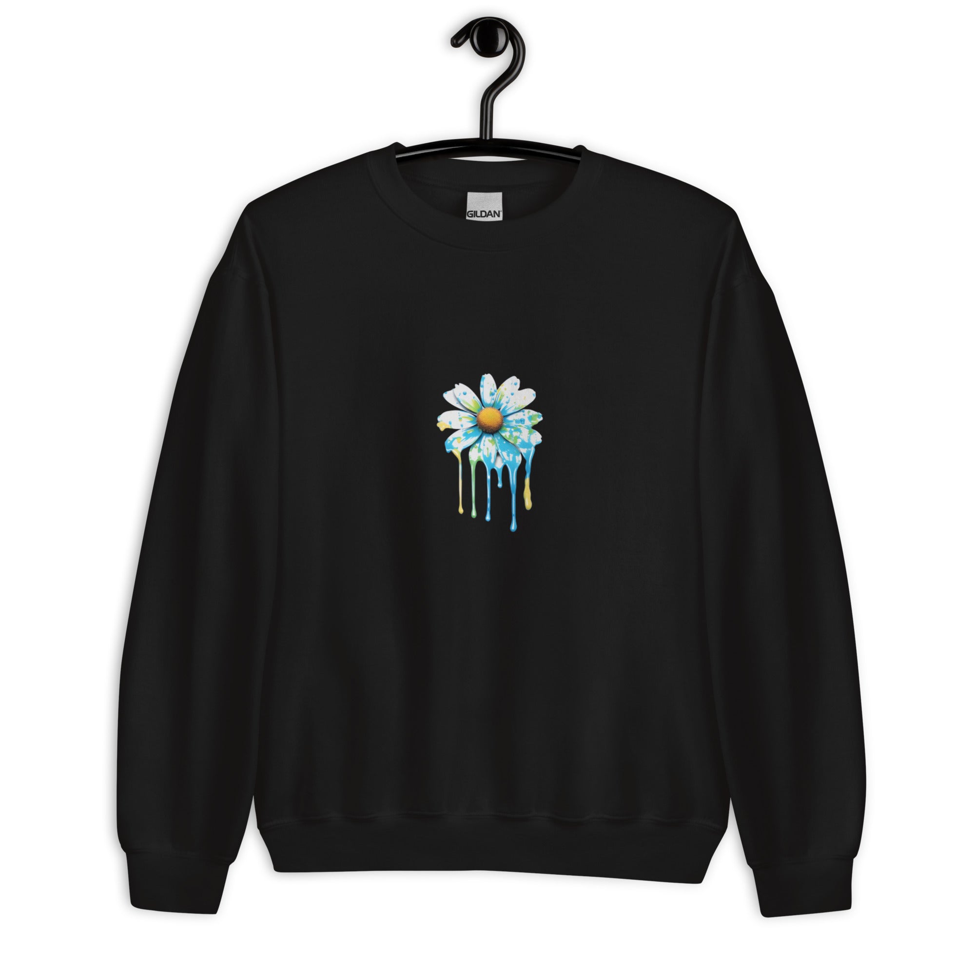 Black Crewneck sweatshirt with Daisy dripping blue green and yellow paint
