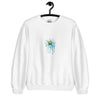 White Crewneck sweatshirt with Daisy dripping blue green and yellow paint
