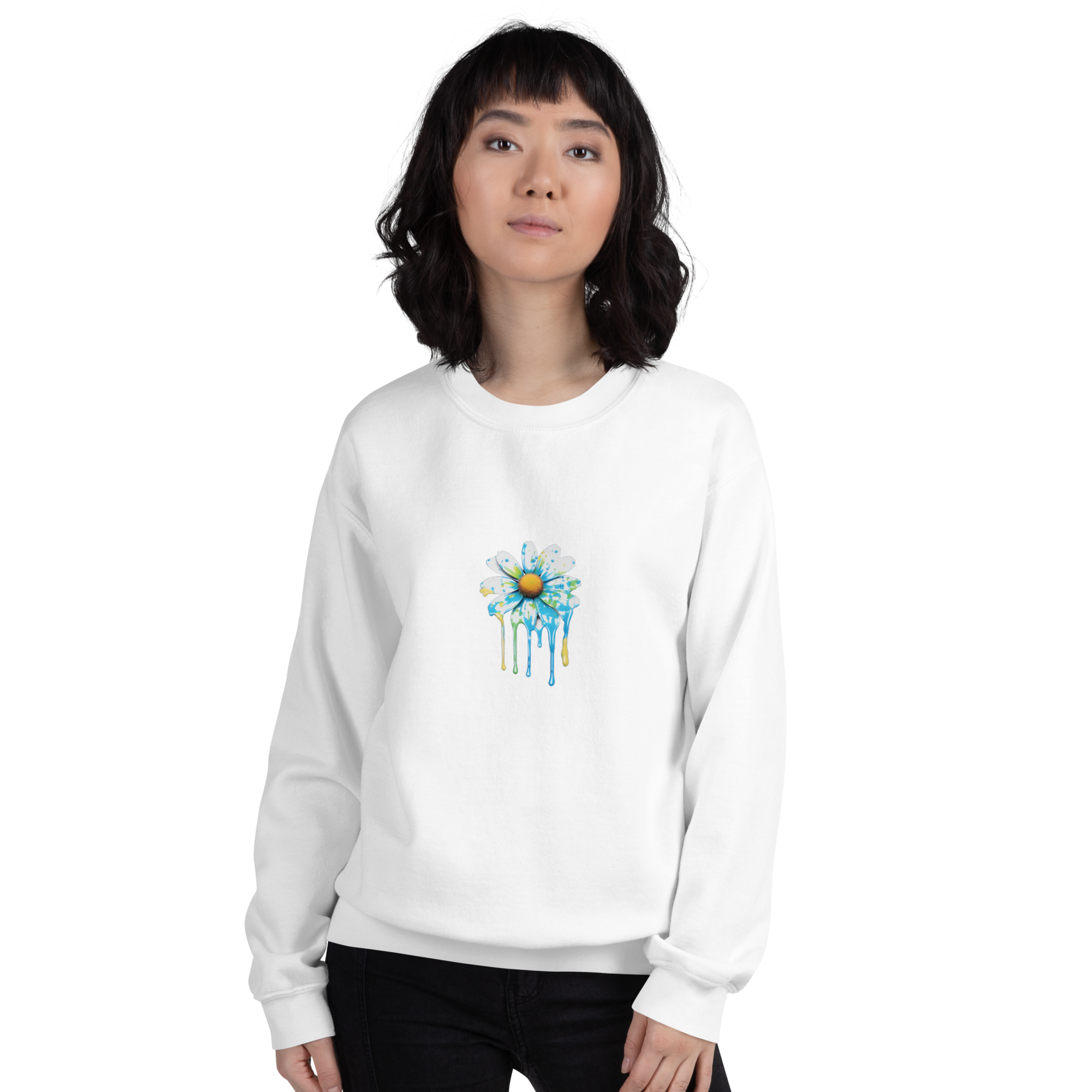 White Crewneck sweatshirt with Daisy dripping blue green and yellow paint